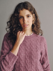 Rose foncé - Pull en tricot torsadé avec col en dentelle - Image 4 de 7