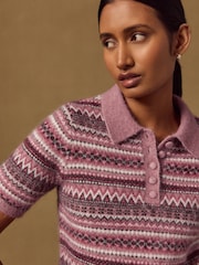 Pink Fairisle Short Sleeve Knitted Polo Top With Wool - Image 1 of 8