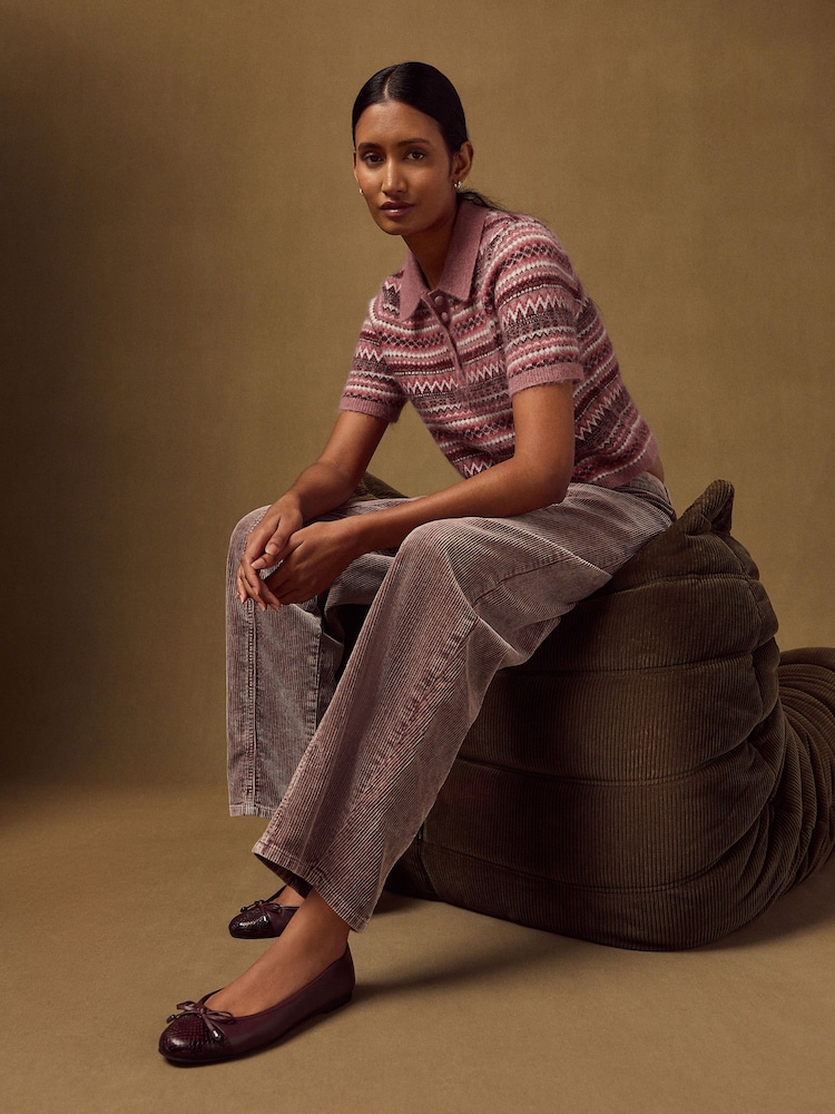 Pink Fairisle Short Sleeve Knitted Polo Top With Wool - Image 2 of 8