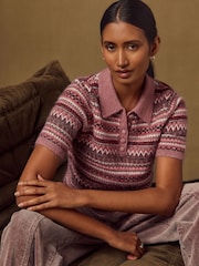 Pink Fairisle Short Sleeve Knitted Polo Top With Wool - Image 3 of 8