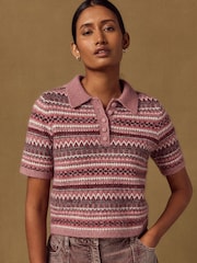 Pink Fairisle Short Sleeve Knitted Polo Top With Wool - Image 4 of 8