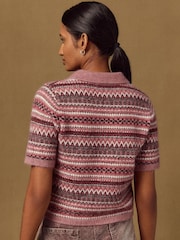 Pink Fairisle Short Sleeve Knitted Polo Top With Wool - Image 5 of 8