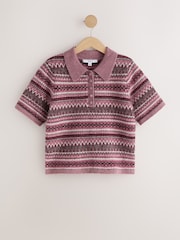 Pink Fairisle Short Sleeve Knitted Polo Top With Wool - Image 6 of 8