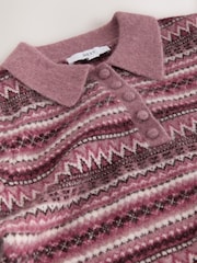 Pink Fairisle Short Sleeve Knitted Polo Top With Wool - Image 7 of 8