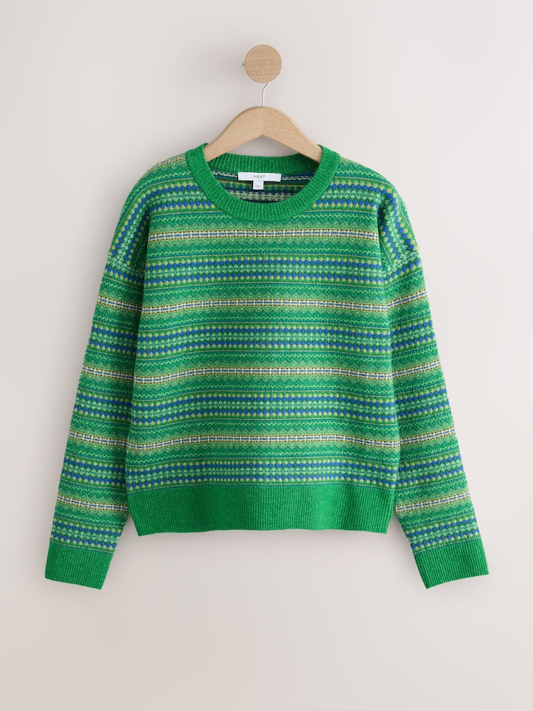 Green Fairisle Supersoft Crew Neck Long Sleeve Jumper - Image 1 of 3 Green Fairisle Supersoft Crew Neck Long Sleeve Jumper - Image 1 of 3