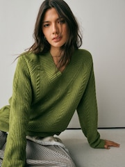 Green Supersoft Cable Knit V-Neck Mid Length Jumper - Image 1 of 8