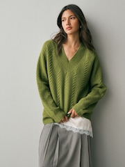 Green Supersoft Cable Knit V-Neck Mid Length Jumper - Image 3 of 8