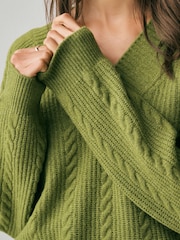 Green Supersoft Cable Knit V-Neck Mid Length Jumper - Image 5 of 8