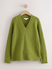 Green Supersoft Cable Knit V-Neck Mid Length Jumper - Image 6 of 8