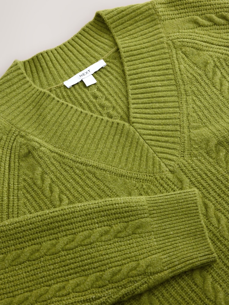 Green Supersoft Cable Knit V-Neck Mid Length Jumper - Image 8 of 8