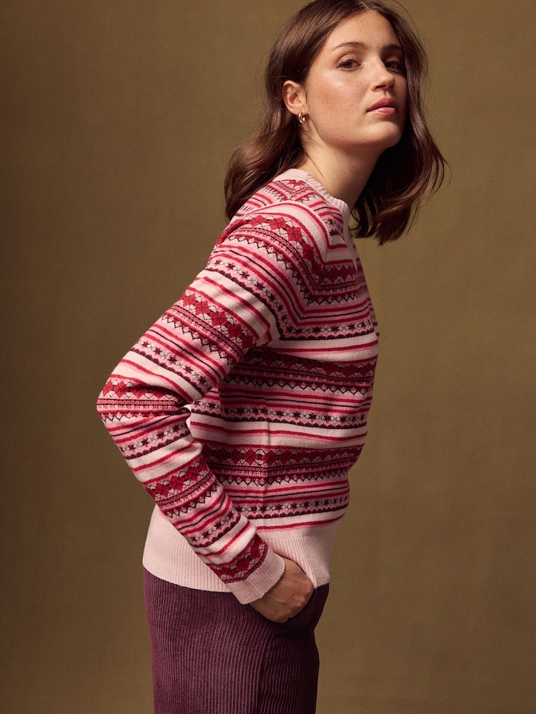 Pink Fairisle Supersoft V-Neck Long Sleeve Jumper - Image 1 of 7 Pink Fairisle Supersoft V-Neck Long Sleeve Jumper - Image 1 of 7