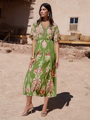 Love & Roses Green Kalahari Beaded Kimono Sleeve Midi Dress - Image 1 of 5