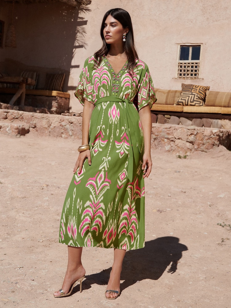 Love & Roses Green Kalahari Beaded Kimono Sleeve Midi Dress - Image 1 of 5
