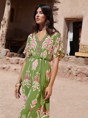Love & Roses Green Kalahari Beaded Kimono Sleeve Midi Dress - Image 4 of 5