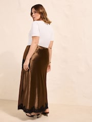 Friends Like These Brown Curve Asymmetric  Lace Hem Satin Midi Skirt - Image 4 of 4