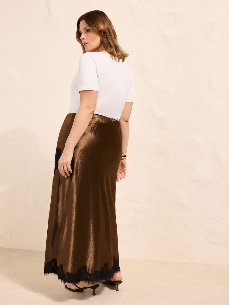 Friends Like These Brown Curve Asymmetric  Lace Hem Satin Midi Skirt - Image 4 of 4