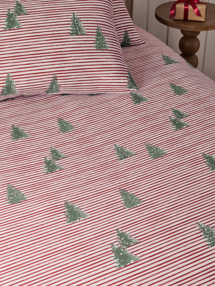 Red Christmas Tree Stripe Fitted Sheet and Pillowcase Set - Image 1 of 2 Red Christmas Tree Stripe Fitted Sheet and Pillowcase Set - Image 1 of 2
