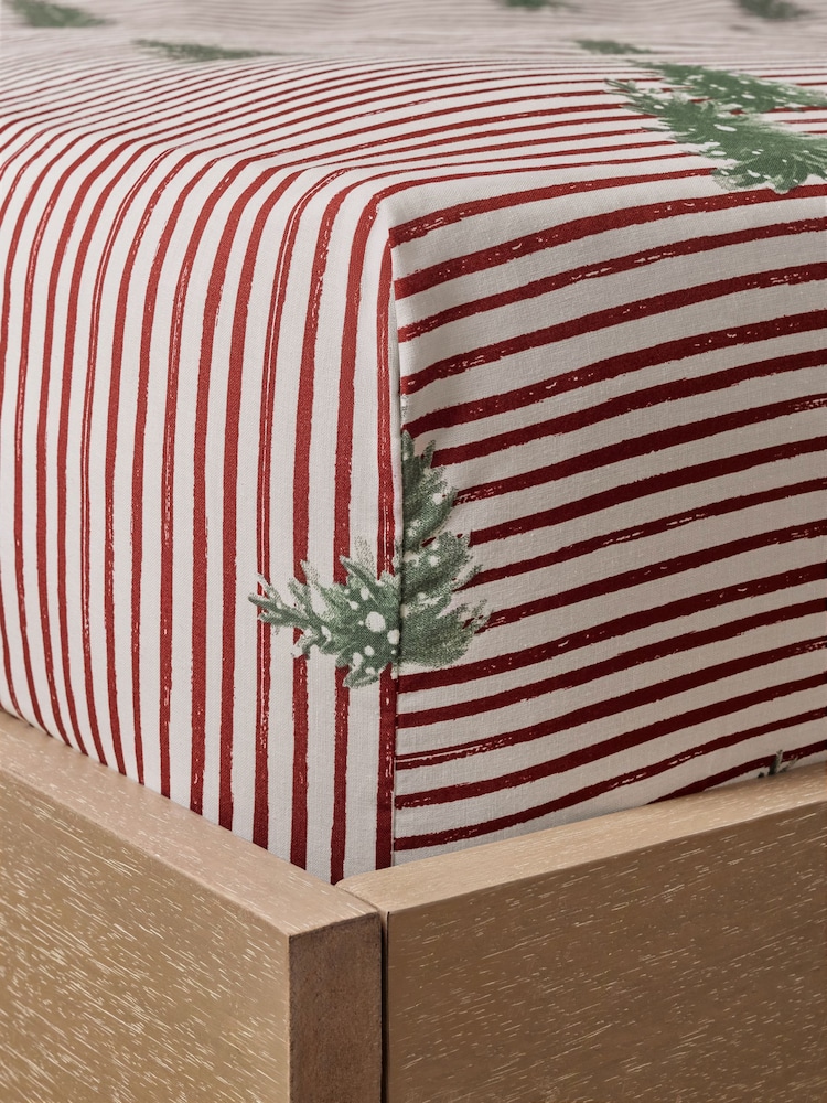 Red Christmas Tree Stripe Fitted Sheet and Pillowcase Set - Image 2 of 2 Red Christmas Tree Stripe Fitted Sheet and Pillowcase Set - Image 2 of 2