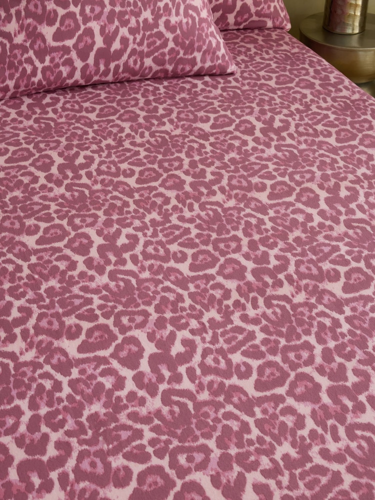 Pink Leopard Brushed Fitted Sheet and Pillowcase Set - Image 1 of 2 Pink Leopard Brushed Fitted Sheet and Pillowcase Set - Image 1 of 2
