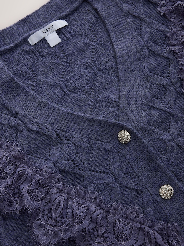 Purple Lace Trim Gem Button Long Sleeve Cardigan - Image 7 of 7 Purple Lace Trim Gem Button Long Sleeve Cardigan - Image 7 of 7