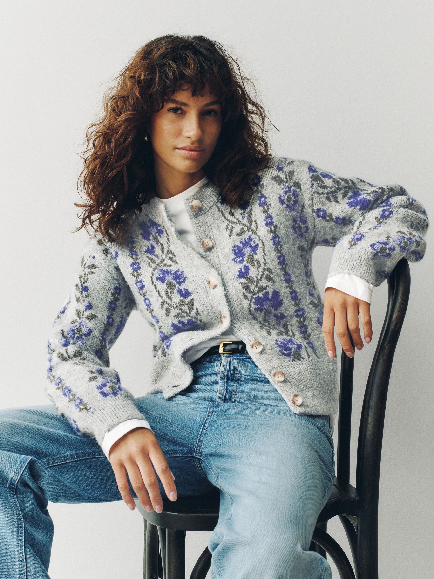 Buy Grey/Purple Floral Long Sleeve Crew Neck Knitted Cardigan from