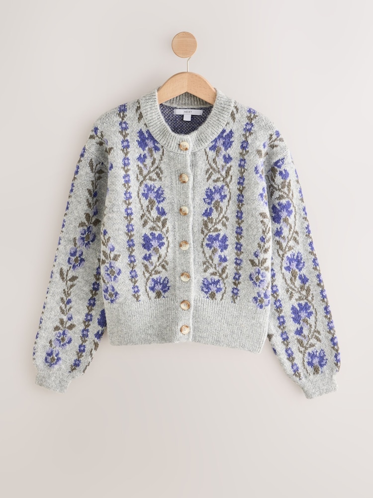 Grey/Purple Floral - Long Sleeve Crew Neck Knitted Cardigan - Larawan 1 ng 3