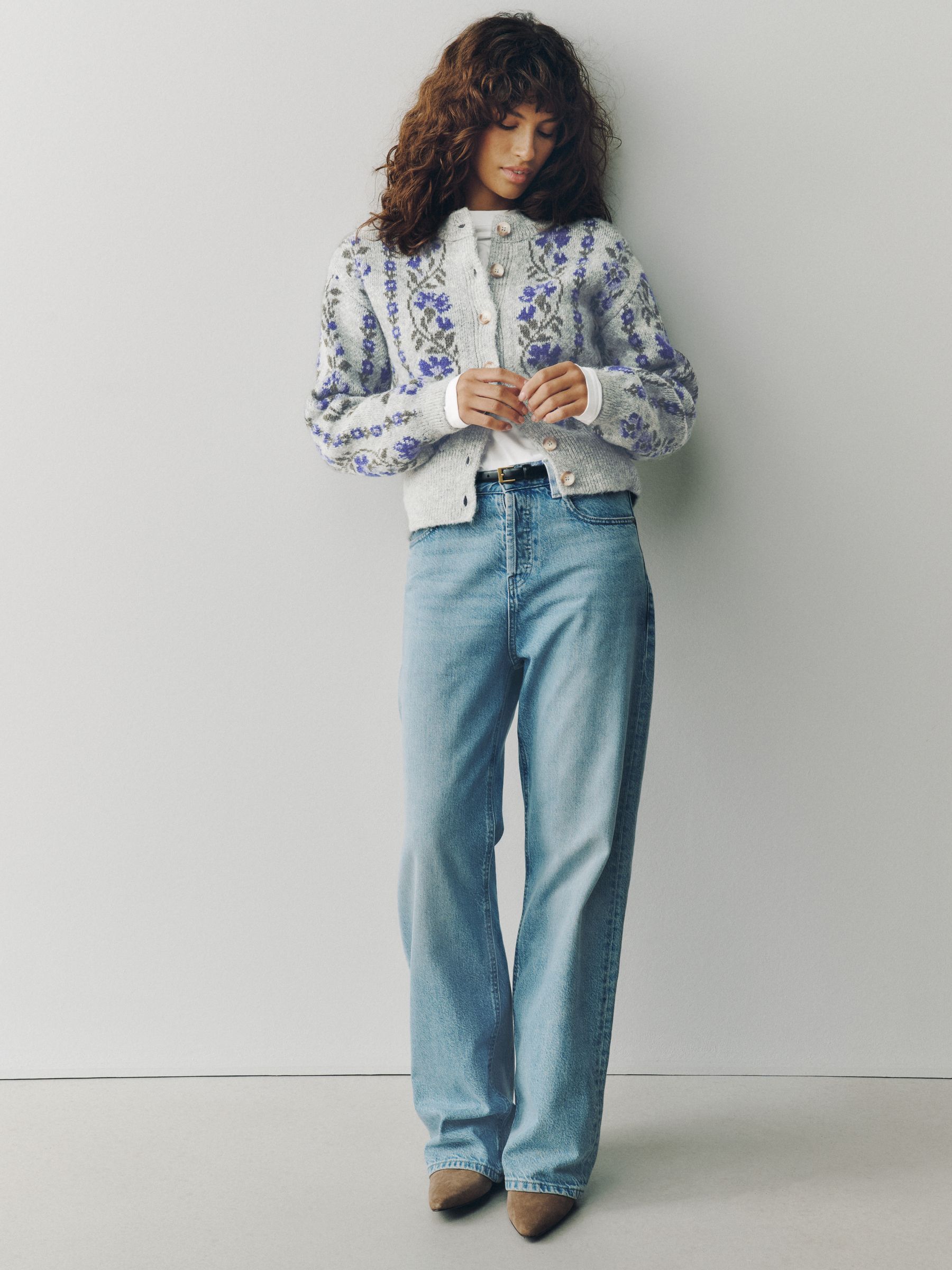 Buy Grey/Purple Floral Long Sleeve Crew Neck Knitted Cardigan from