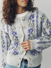 Grey/Purple Floral Long Sleeve Crew Neck Knitted Cardigan - Image 4 of 7