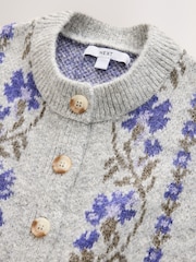 Grey/Purple Floral Long Sleeve Crew Neck Knitted Cardigan - Image 6 of 7