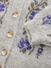 Grey/Purple Floral Long Sleeve Crew Neck Knitted Cardigan - Image 7 of 7