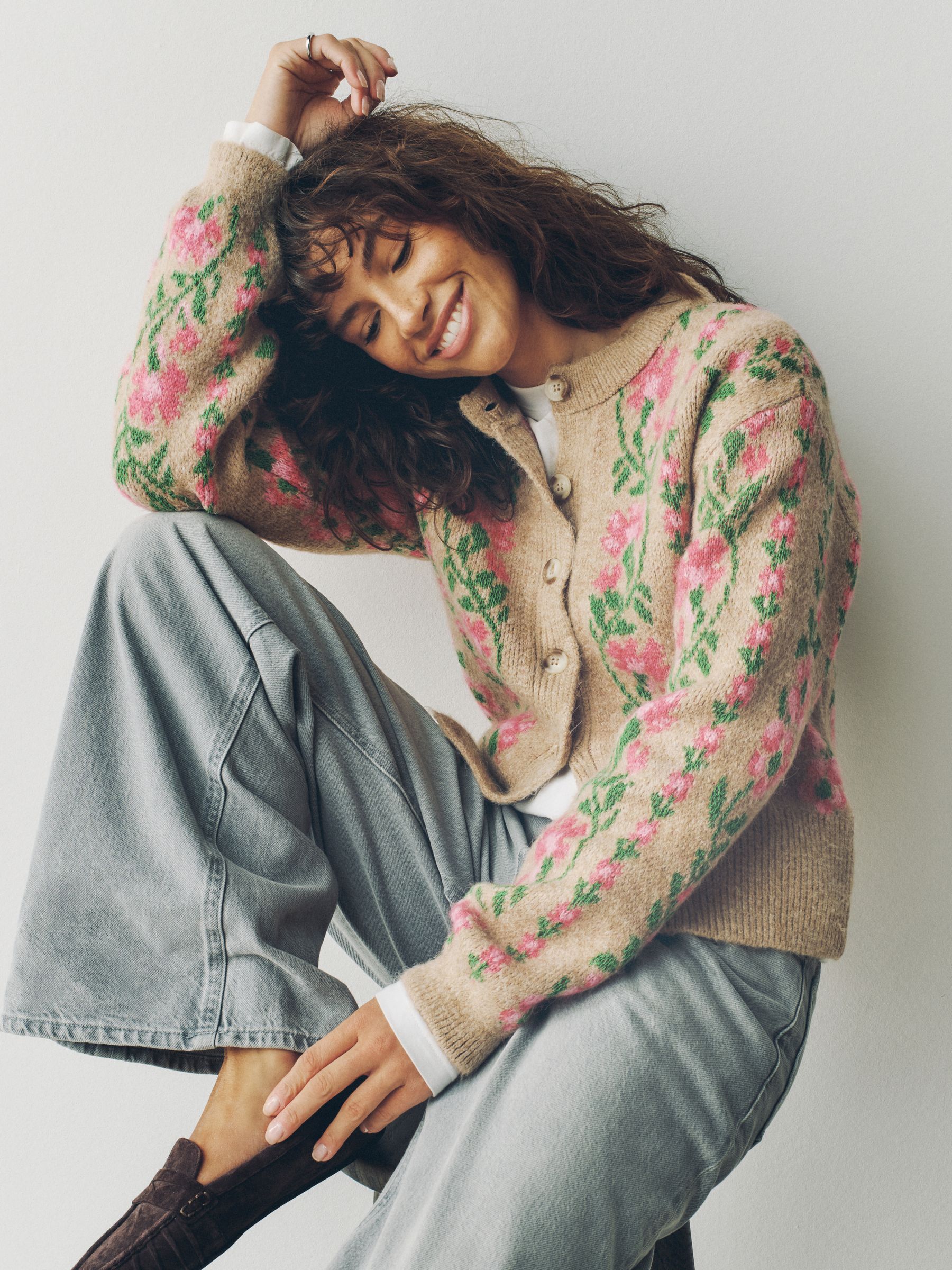 Buy Camel/Pink Floral Long Sleeve Crew Neck Knitted Cardigan from