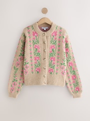 Camel/Pink Floral - Long Sleeve Crew Neck Knitted Cardigan - Larawan 1 ng 3