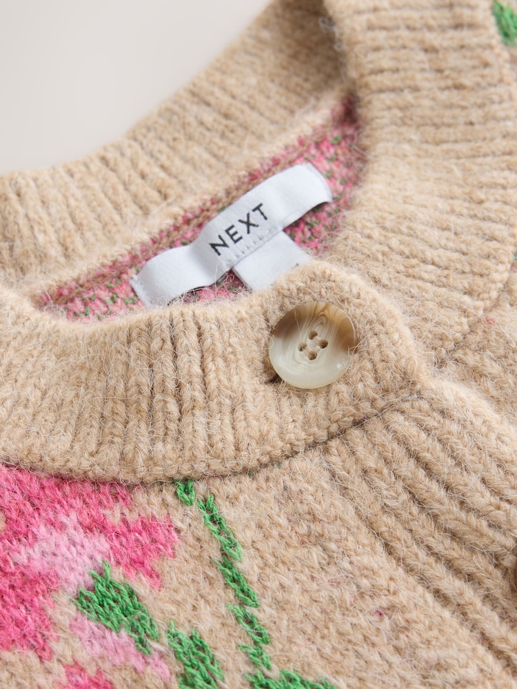 Camel/Pink Floral - Long Sleeve Crew Neck Knitted Cardigan - Larawan 2 ng 3