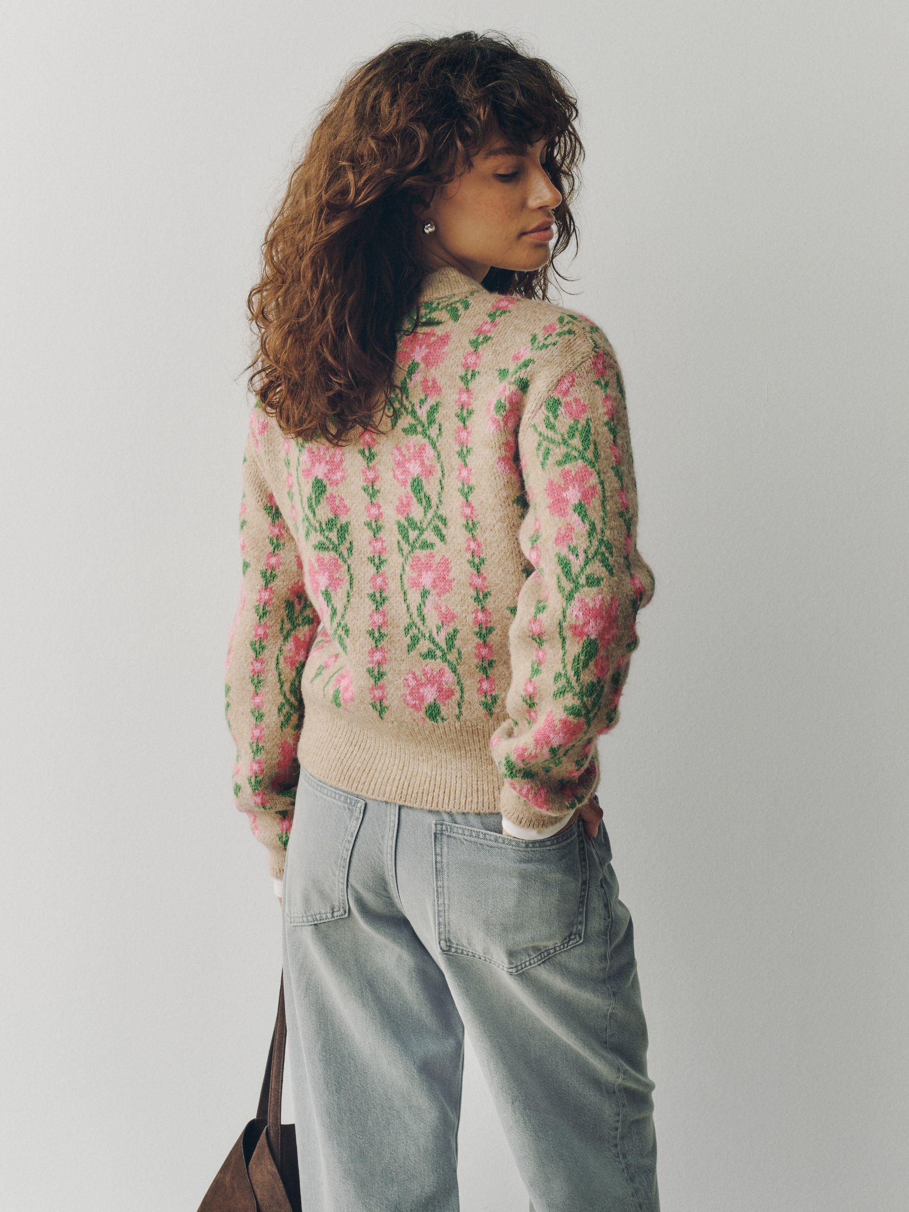 Buy Camel/Pink Floral Long Sleeve Crew Neck Knitted Cardigan from