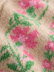 Camel/Pink Floral - Long Sleeve Crew Neck Knitted Cardigan - Larawan 3 ng 3