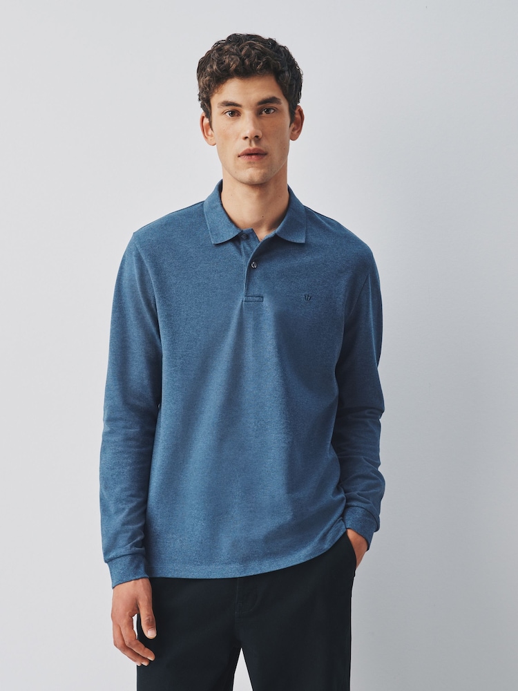 Blue Floss Marl Regular Fit Long Sleeve Pique Polo Shirt - Image 1 of 7 Blue Floss Marl Regular Fit Long Sleeve Pique Polo Shirt - Image 1 of 7