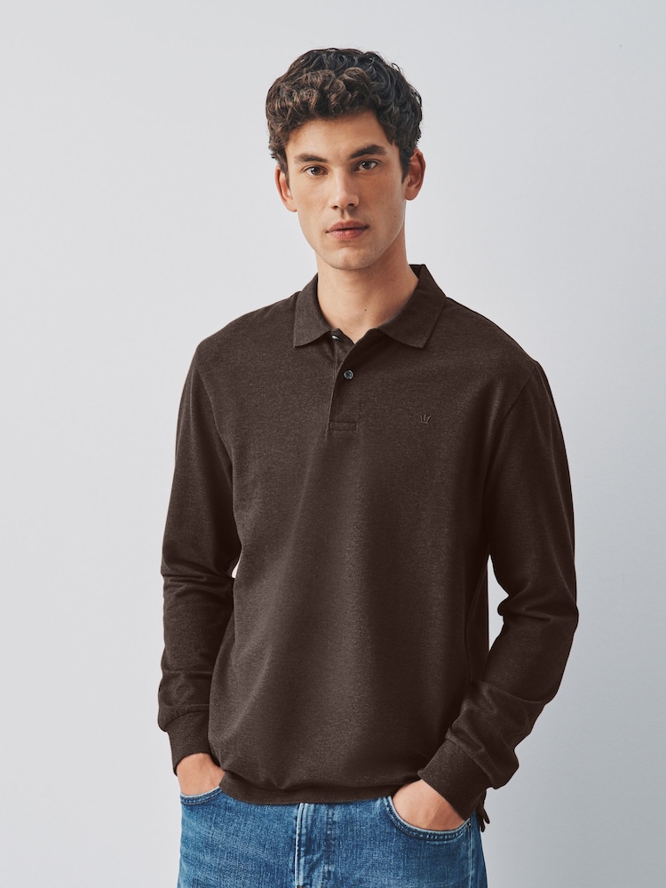 Brown Marl Regular Fit Long Sleeve Pique Polo Shirt - Image 1 of 8
