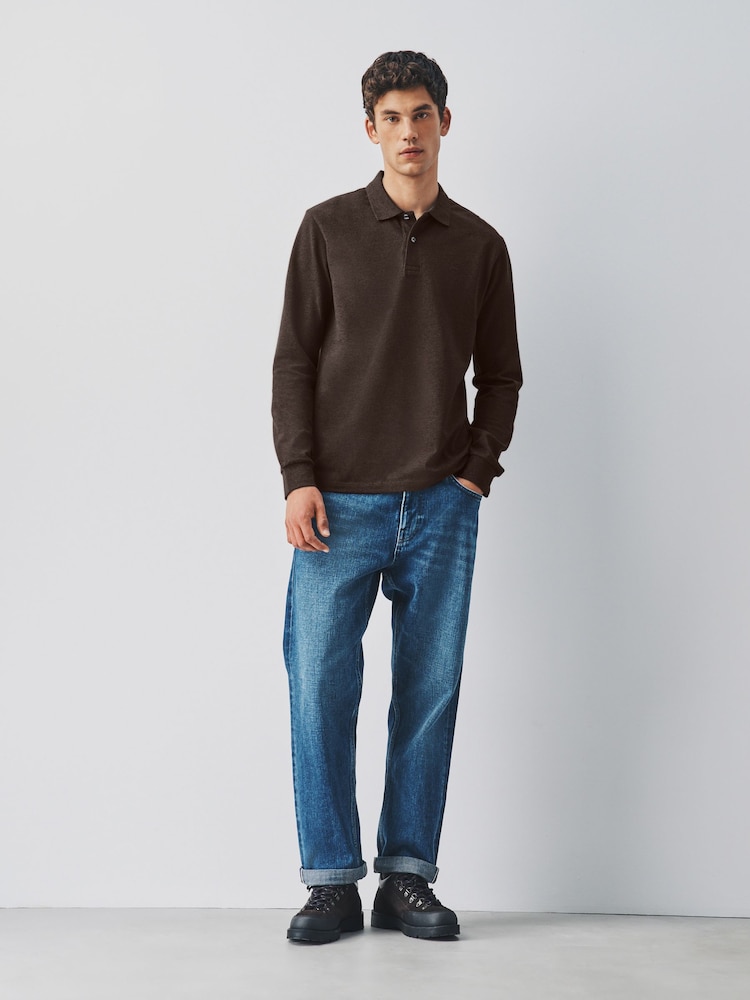 Brown Marl Regular Fit Long Sleeve Pique Polo Shirt - Image 2 of 8