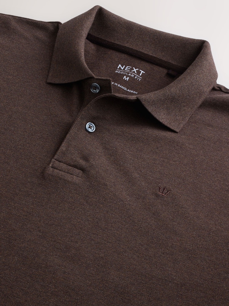 Brown Marl Regular Fit Long Sleeve Pique Polo Shirt - Image 8 of 8