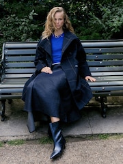 Navy Windowpane Check - Funnel Neck Double Breasted Longline Coat - Bild 1 av 10