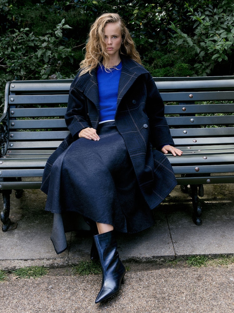 Navy Windowpane Check - Funnel Neck Double Breasted Longline Coat - Bild 1 av 10 Navy Windowpane Check - Funnel Neck Double Breasted Longline Coat - Bild 1 av 10