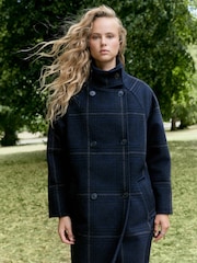 Navy Windowpane Check - Funnel Neck Double Breasted Longline Coat - Bild 3 av 10