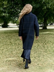 Navy Windowpane Check - Funnel Neck Double Breasted Longline Coat - Bild 6 av 10