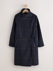 Navy Windowpane Check - Funnel Neck Double Breasted Longline Coat - Bild 8 av 10