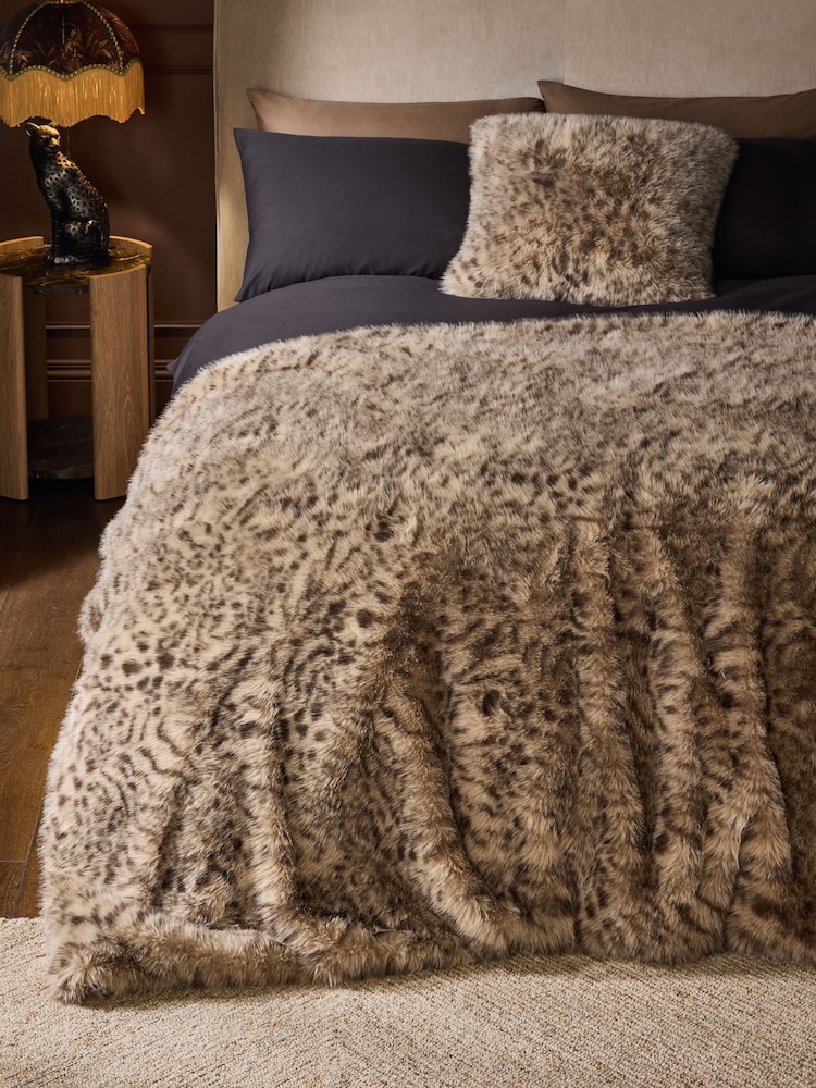Brown Snow Leopard Print Faux Fur Throw - Image 1 of 7 Brown Snow Leopard Print Faux Fur Throw - Image 1 of 7