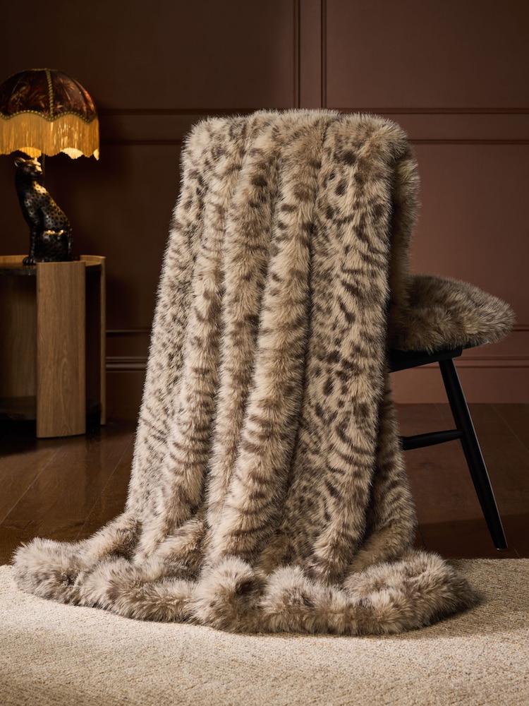Brown Snow Leopard Print Faux Fur Throw - Image 2 of 7 Brown Snow Leopard Print Faux Fur Throw - Image 2 of 7