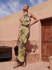 Lipsy Green Lurex Floral Jacquard Halter Neck Maxi Dress - Image 1 of 4