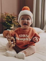 White Embroidered Knitted Pumpkin Pom Baby Hat - Image 1 of 6