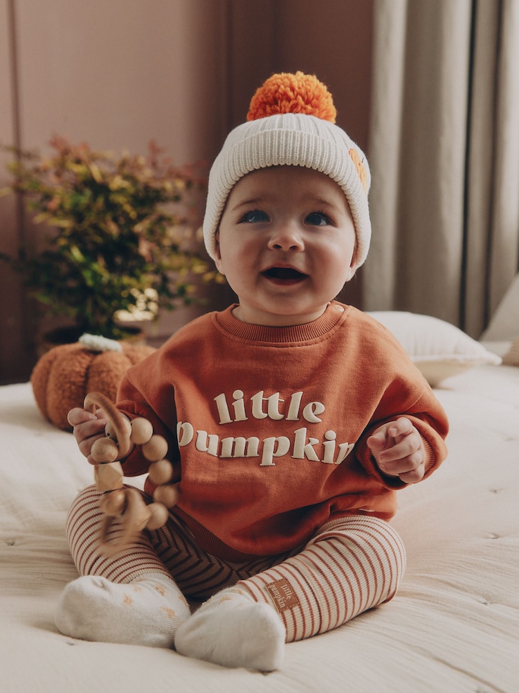 White Embroidered Knitted Pumpkin Pom Baby Hat - Image 1 of 6 White Embroidered Knitted Pumpkin Pom Baby Hat - Image 1 of 6
