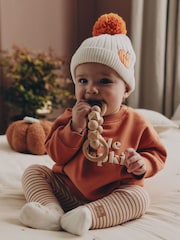 White Embroidered Knitted Pumpkin Pom Baby Hat - Image 2 of 6